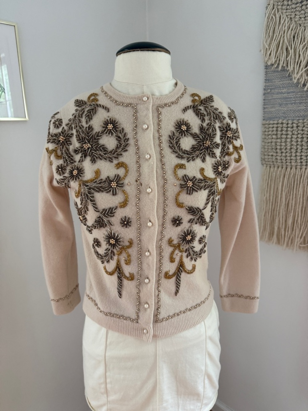 Embroidered Pearl-Button Crewneck Sweater in Light Pink